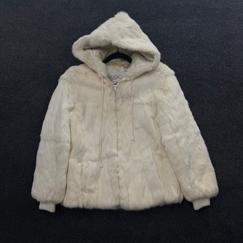 Vintage Elan Women Rabbit Hair Fur Hooded Jacket Cream White Zip Up Medium